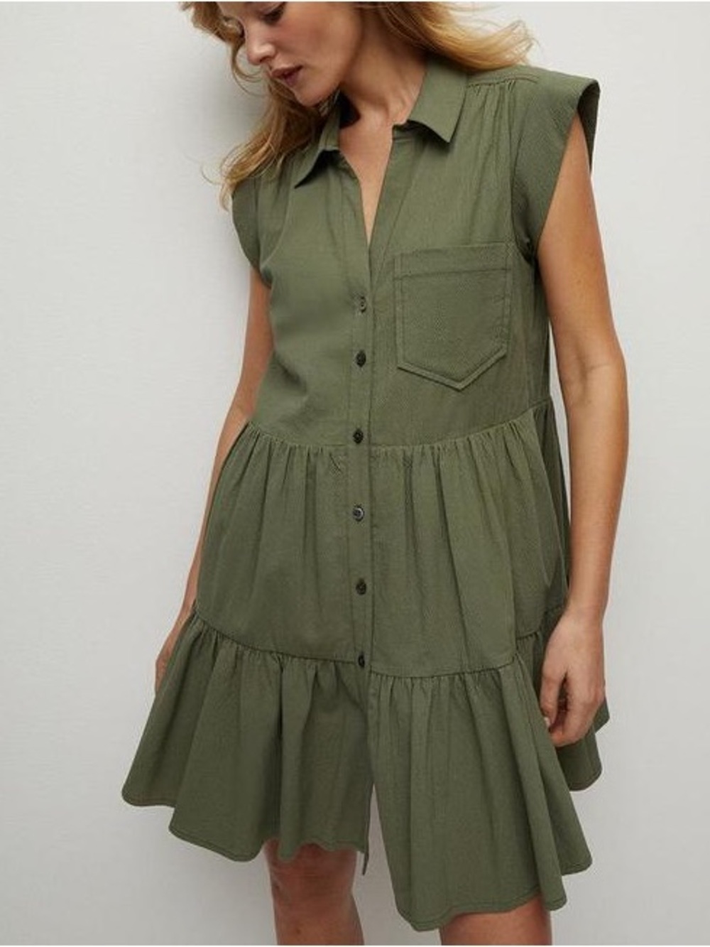 Veronica Beard Trisha Tiered Shirt Dress Stone Army Green size Small